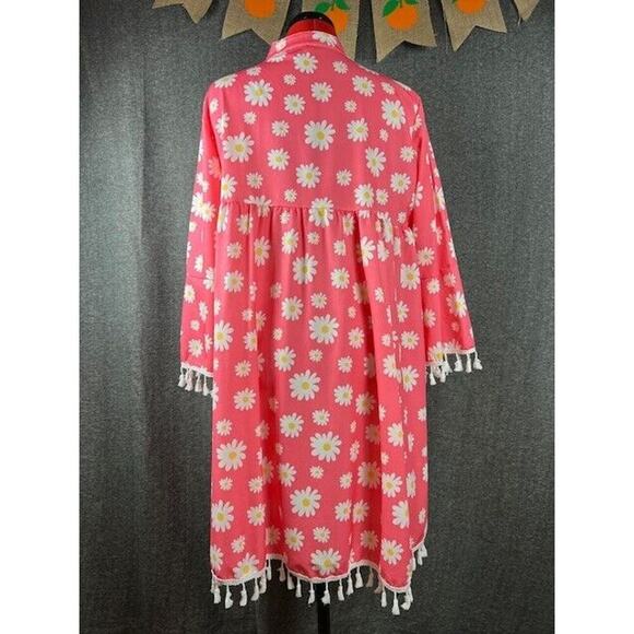 Pink W/Daisy Print Summer Dress Sz Large Baby Doll Bell Sleeves Beach Cover - Picture 5 of 6